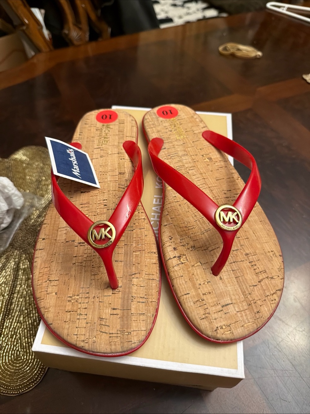 Michael Kors Red Cork-Print Kids Flip Flops with Gold MK Medallions
